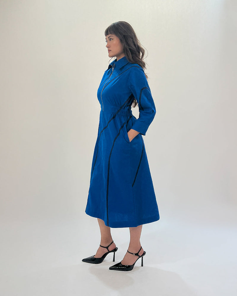 Yara tape dress-E.blue & Navy 100% cotton by Leh Studios in navy color for women Worldwide