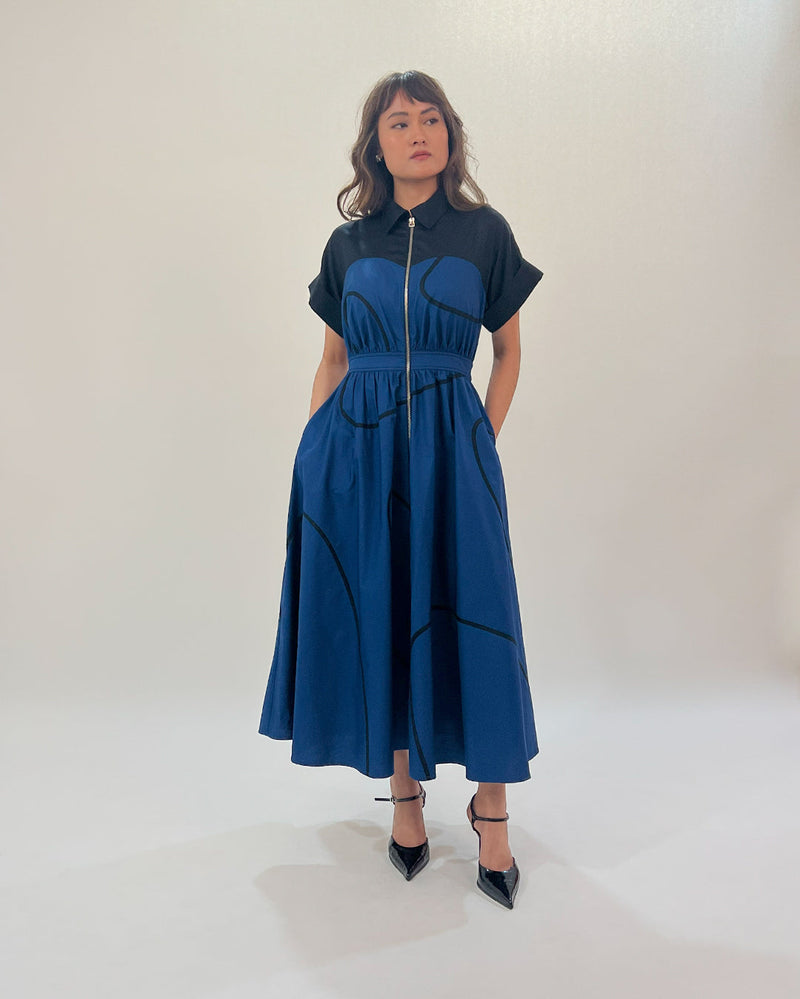 Cup Stem zip dress 100% cotton by Leh Studios in multi color for women Worldwide
