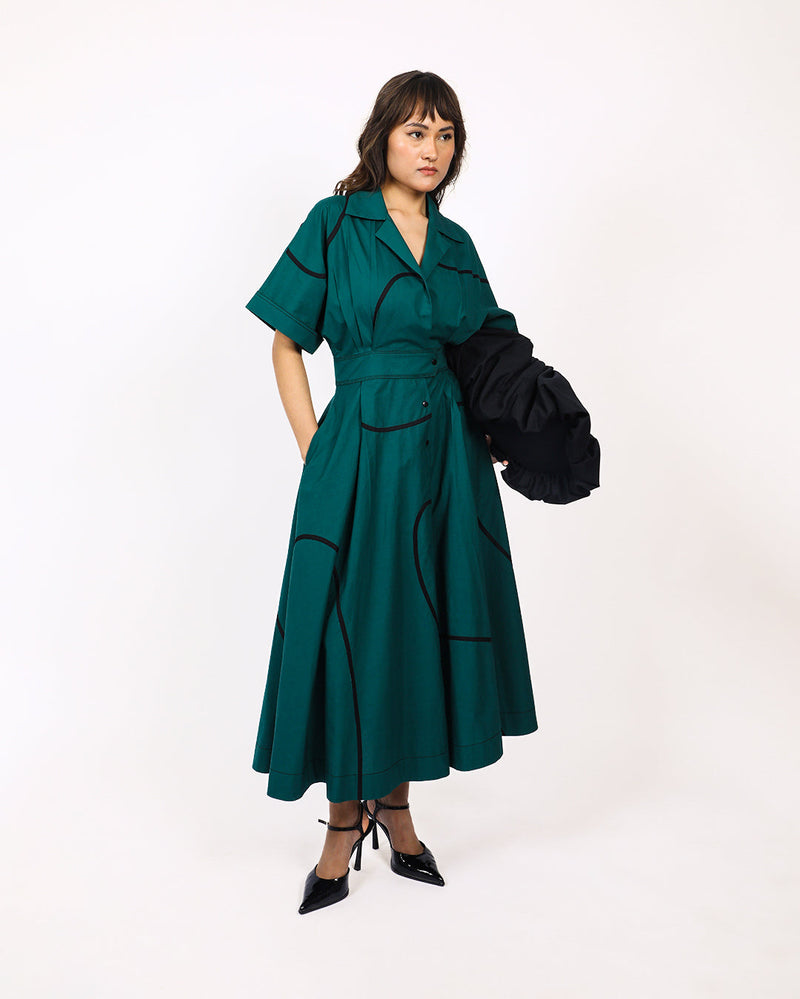 Stem Sundress 100% cotton by Leh Studios in green color for women Worldwide