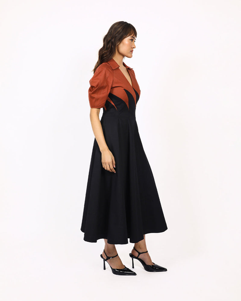 Yacht Dress-Black & Brown 100% cotton by Leh Studios in multi color for women Worldwide