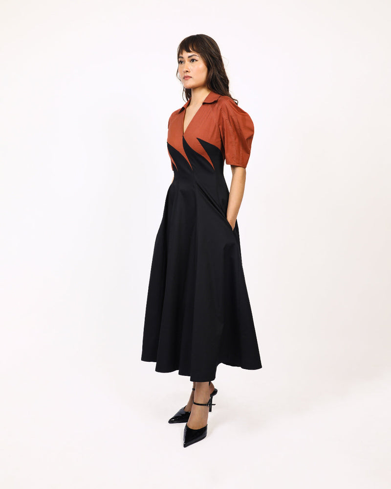 Yacht Dress-Black & Brown 100% cotton by Leh Studios in multi color for women Worldwide