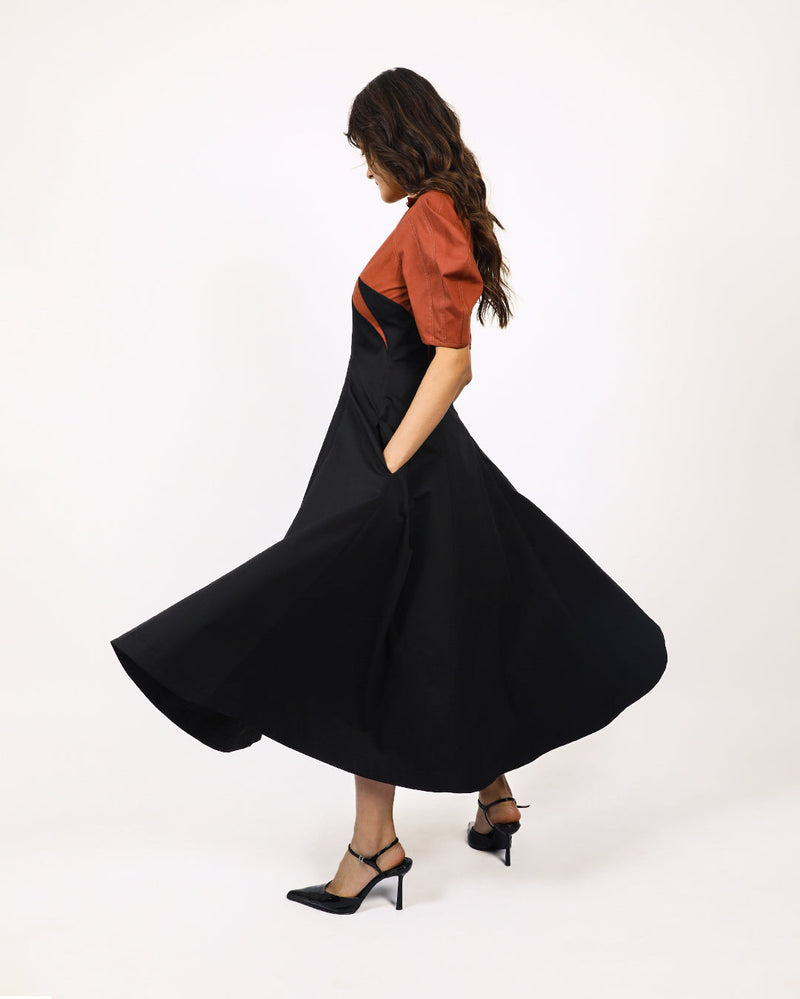Yacht Dress-Black & Brown 100% cotton by Leh Studios in multi color for women Worldwide