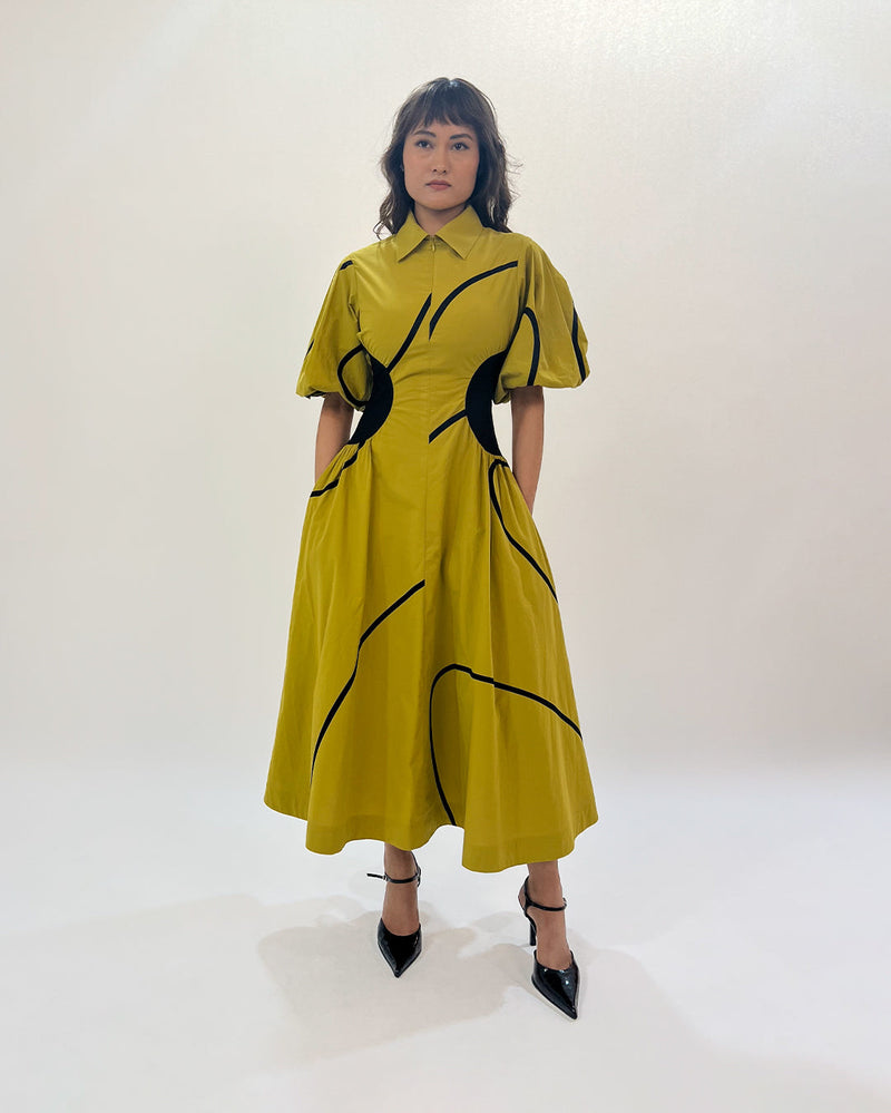 Illusion Tape dress 100% cotton by Leh Studios in green color for women Worldwide