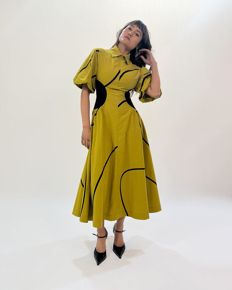 Illusion Tape dress 100% cotton by Leh Studios in green color for women Worldwide