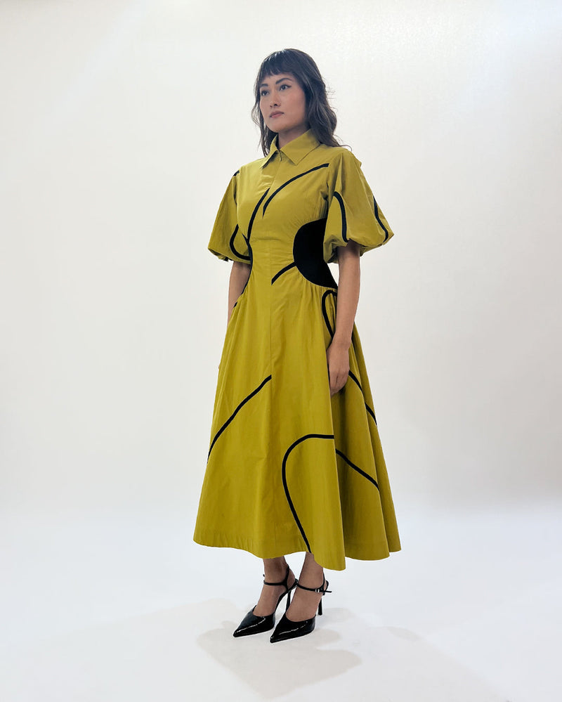 Illusion Tape dress 100% cotton by Leh Studios in green color for women Worldwide