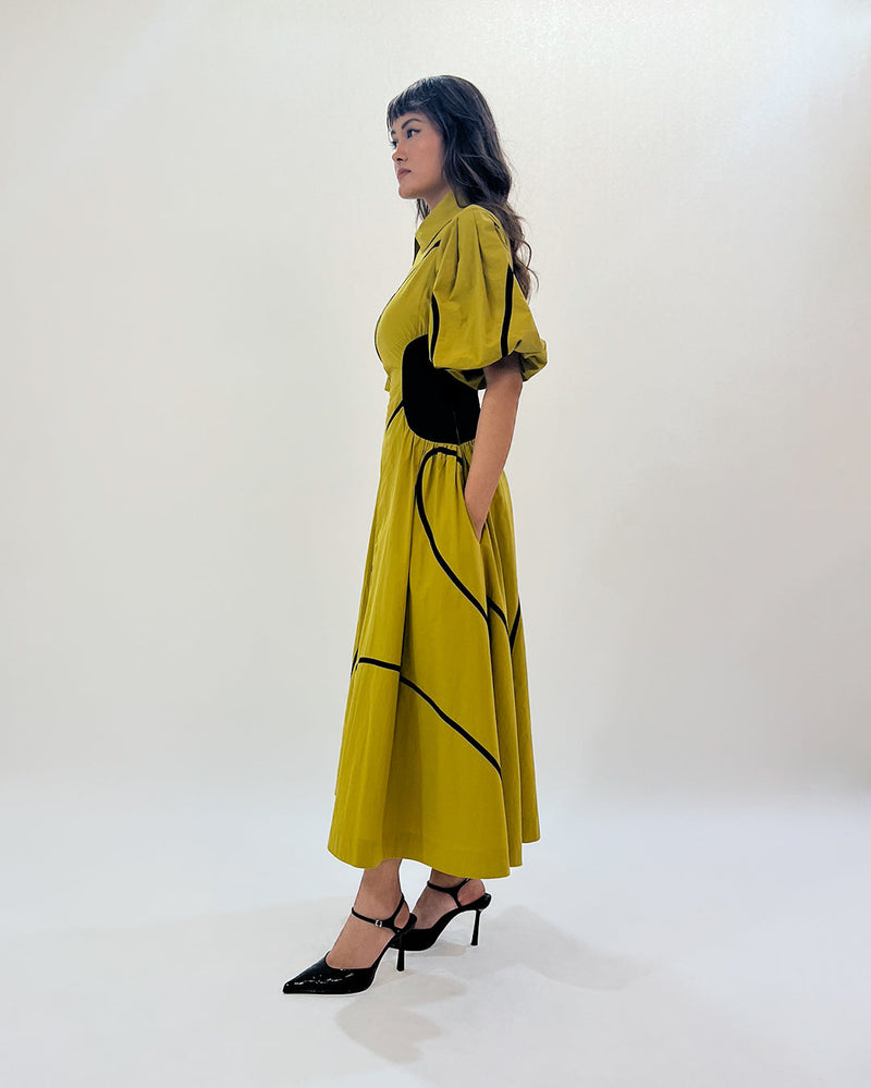 Illusion Tape dress 100% cotton by Leh Studios in green color for women Worldwide