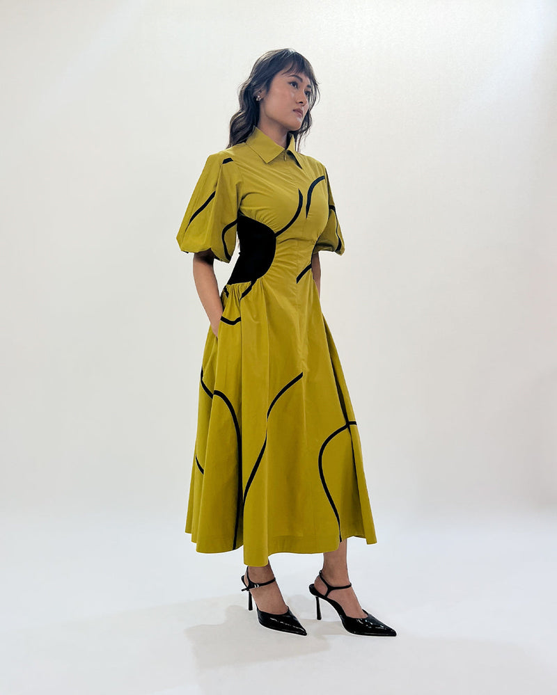 Illusion Tape dress 100% cotton by Leh Studios in green color for women Worldwide