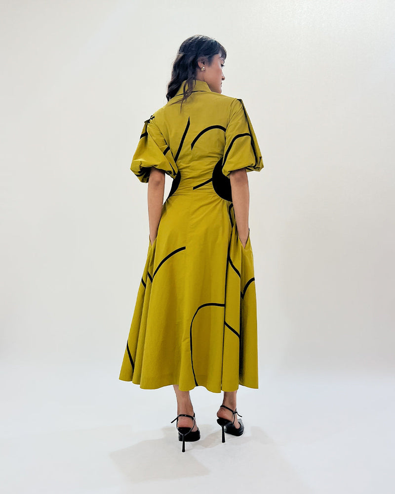 Illusion Tape dress 100% cotton by Leh Studios in green color for women Worldwide