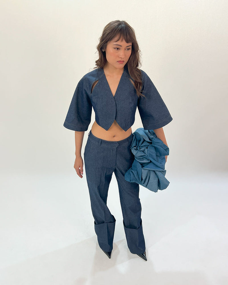 Back straped top linen by Leh Studios in blue color for women Worldwide