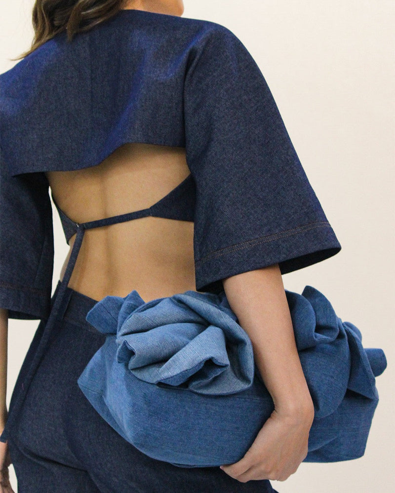 Back straped top linen by Leh Studios in blue color for women Worldwide