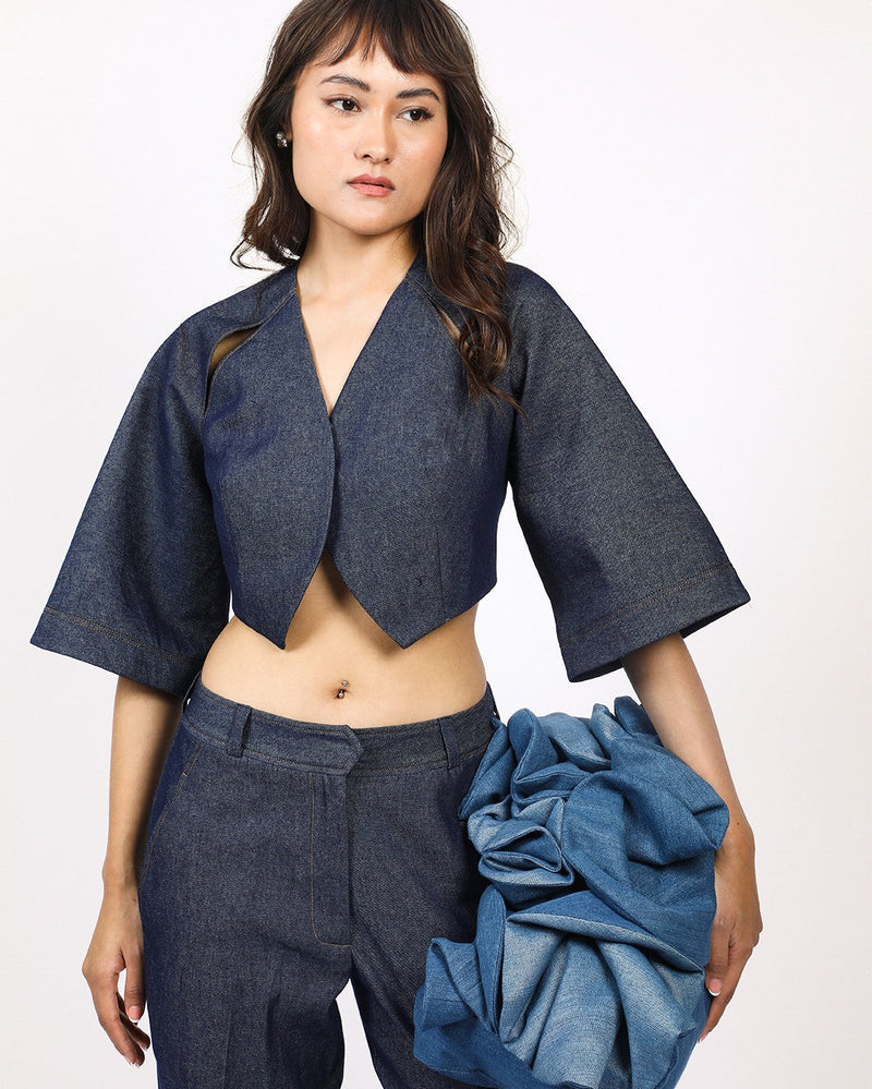 Back straped top linen by Leh Studios in blue color for women Worldwide
