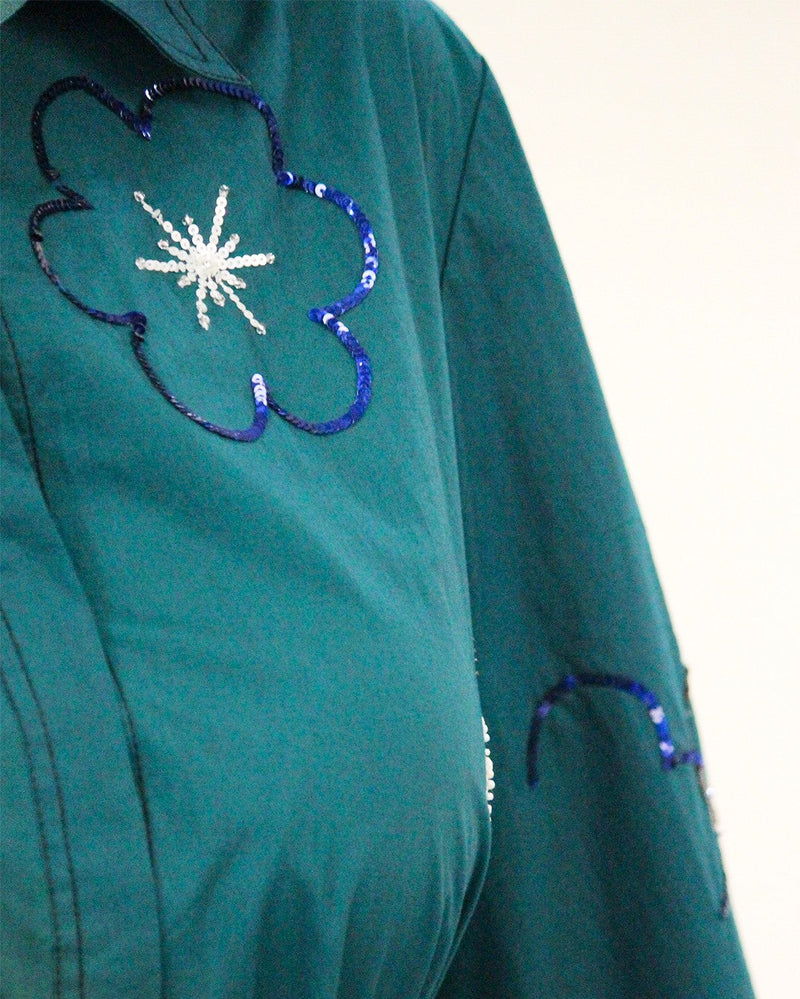 Ditsy embroidered fence shirt 100% cotton by Leh Studios in green color for women Worldwide
