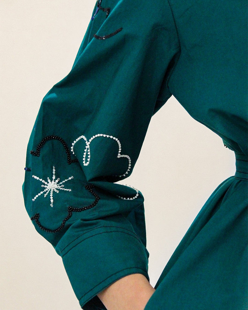 Ditsy embroidered fence shirt 100% cotton by Leh Studios in green color for women Worldwide