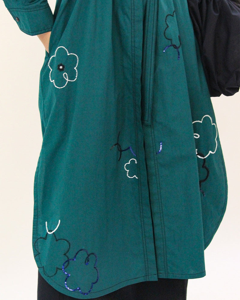 Ditsy embroidered fence shirt 100% cotton by Leh Studios in green color for women Worldwide