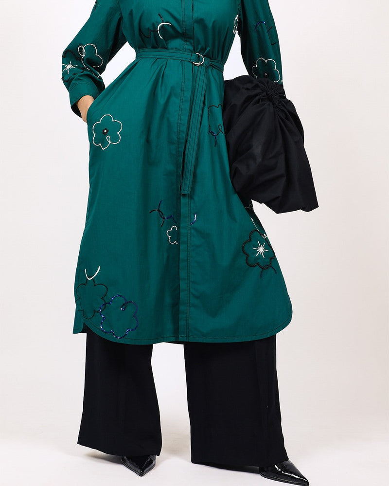 Ditsy embroidered fence shirt 100% cotton by Leh Studios in green color for women Worldwide