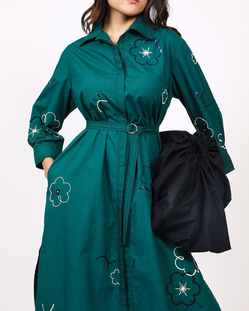 Ditsy embroidered fence shirt 100% cotton by Leh Studios in green color for women Worldwide