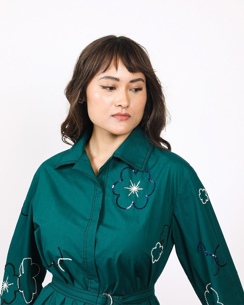 Ditsy embroidered fence shirt 100% cotton by Leh Studios in green color for women Worldwide