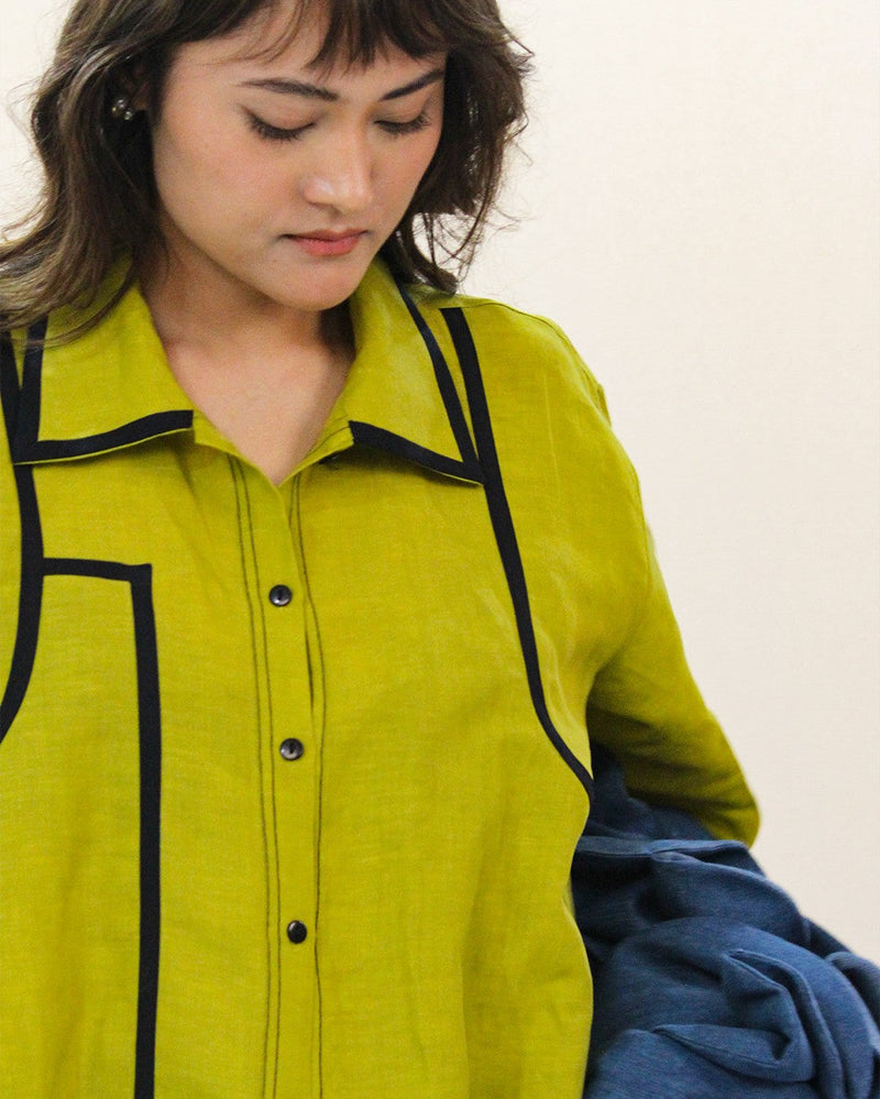 Line shirt 100% cotton by Leh Studios in green color for women Worldwide