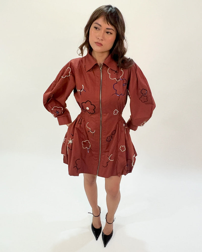 Embroidered bubble hem dress 100% cotton by Leh Studios in brown color for women Worldwide