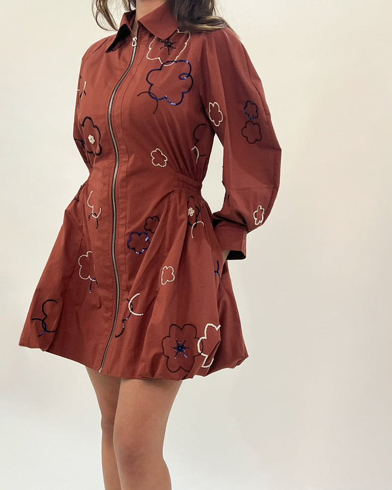 Embroidered bubble hem dress 100% cotton by Leh Studios in brown color for women Worldwide