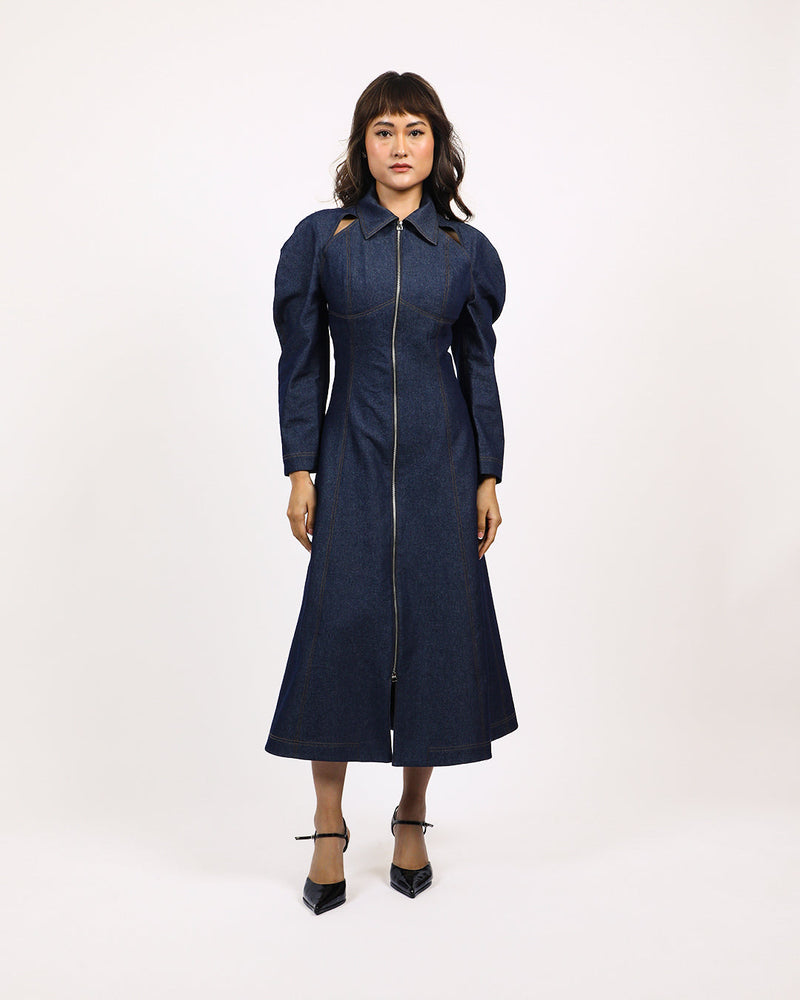 Denim Zip Dress 100% cotton by Leh Studios in blue color for women Worldwide