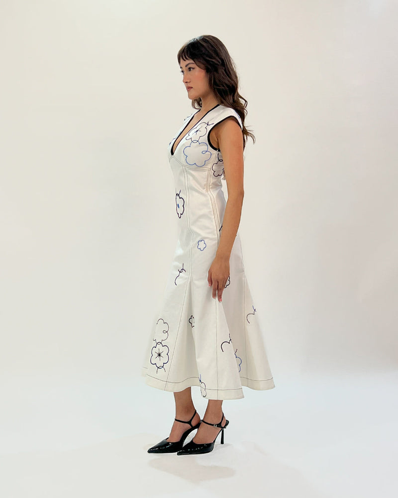Peony embellished dress 100% cotton by Leh Studios in white color for women Worldwide