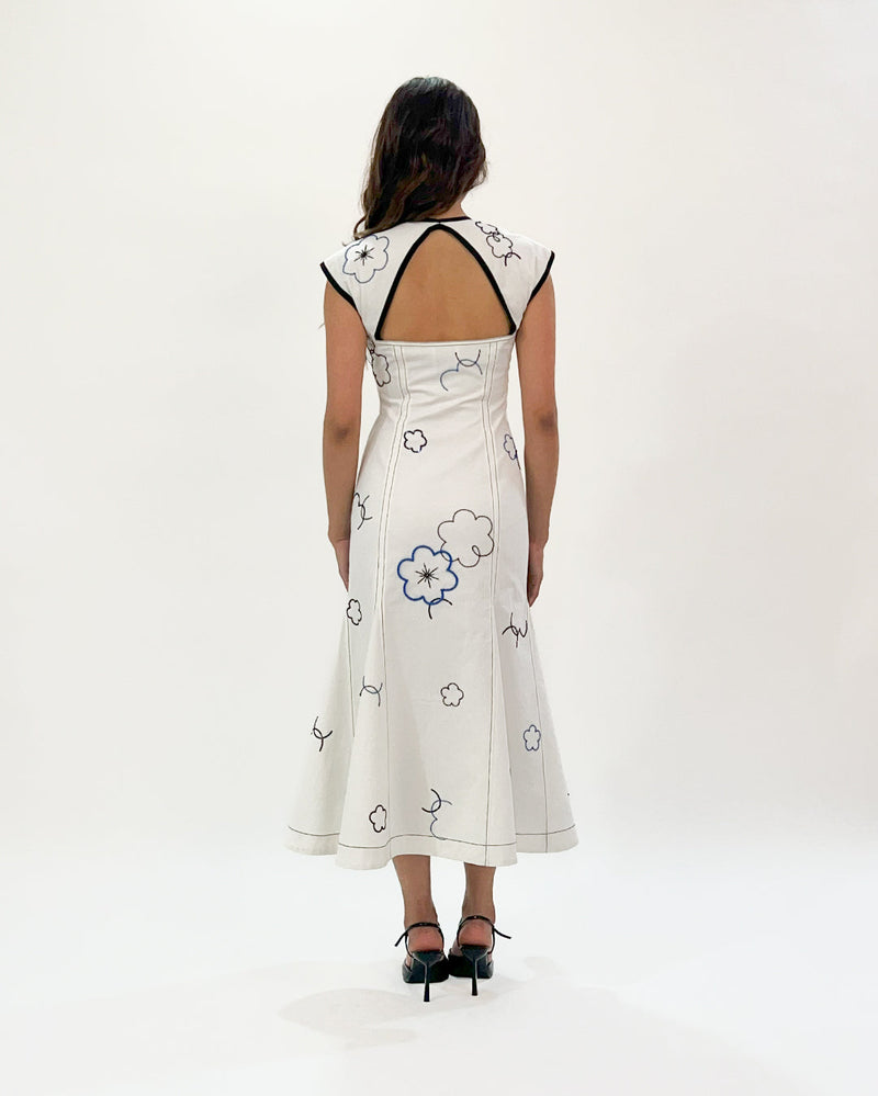 Peony embellished dress 100% cotton by Leh Studios in white color for women Worldwide
