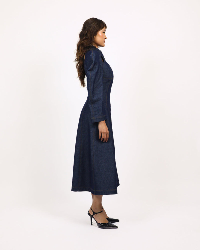 Denim Zip Dress 100% cotton by Leh Studios in blue color for women Worldwide