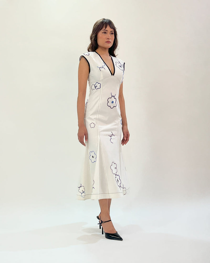 Peony embellished dress 100% cotton by Leh Studios in white color for women Worldwide