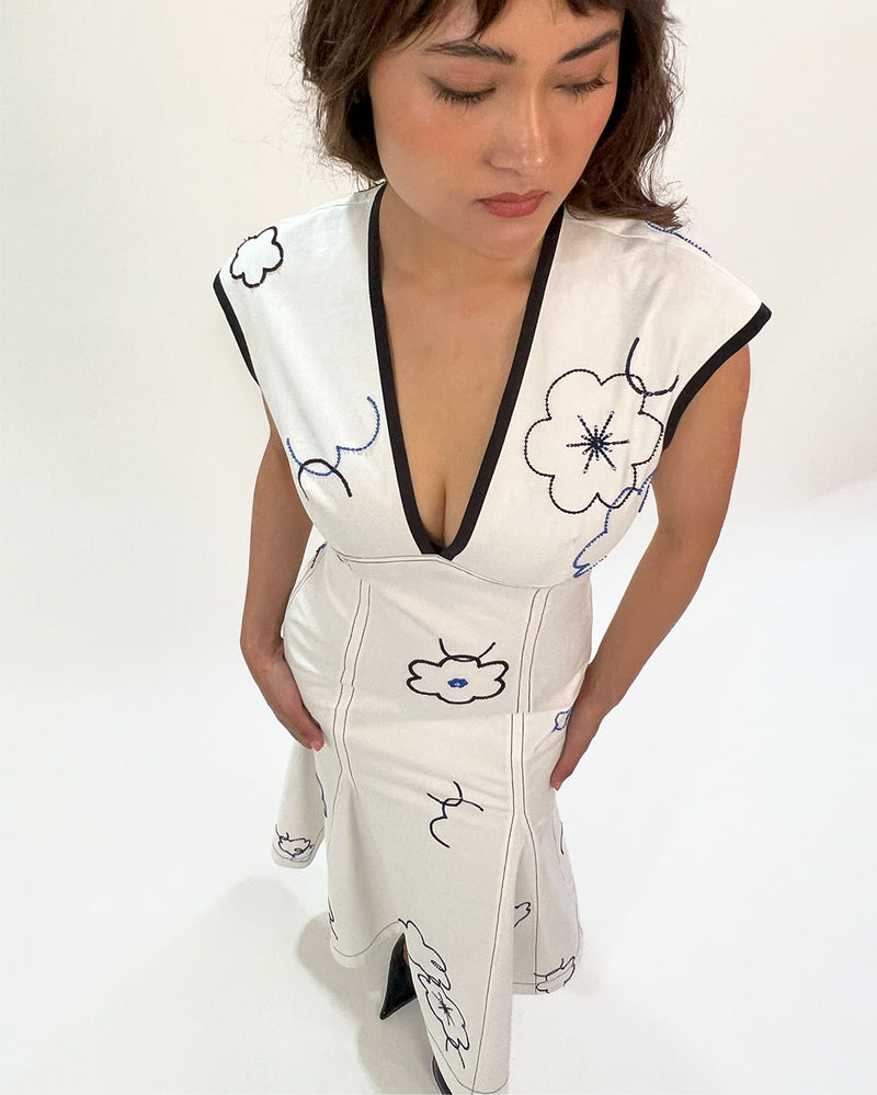 Peony embellished dress 100% cotton by Leh Studios in white color for women Worldwide