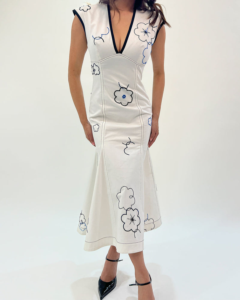 Peony embellished dress 100% cotton by Leh Studios in white color for women Worldwide