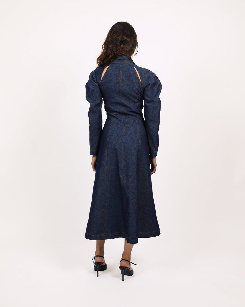 Denim Zip Dress 100% cotton by Leh Studios in blue color for women Worldwide