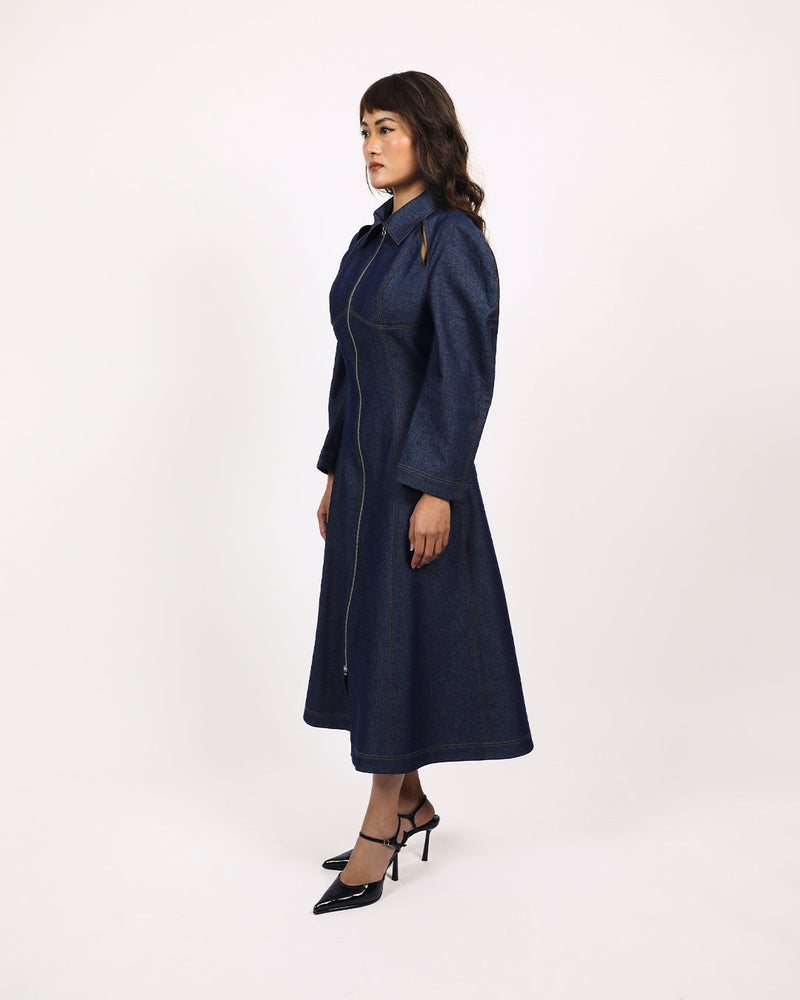 Denim Zip Dress 100% cotton by Leh Studios in blue color for women Worldwide