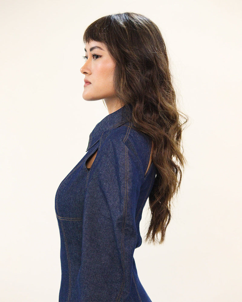 Denim Zip Dress 100% cotton by Leh Studios in blue color for women Worldwide