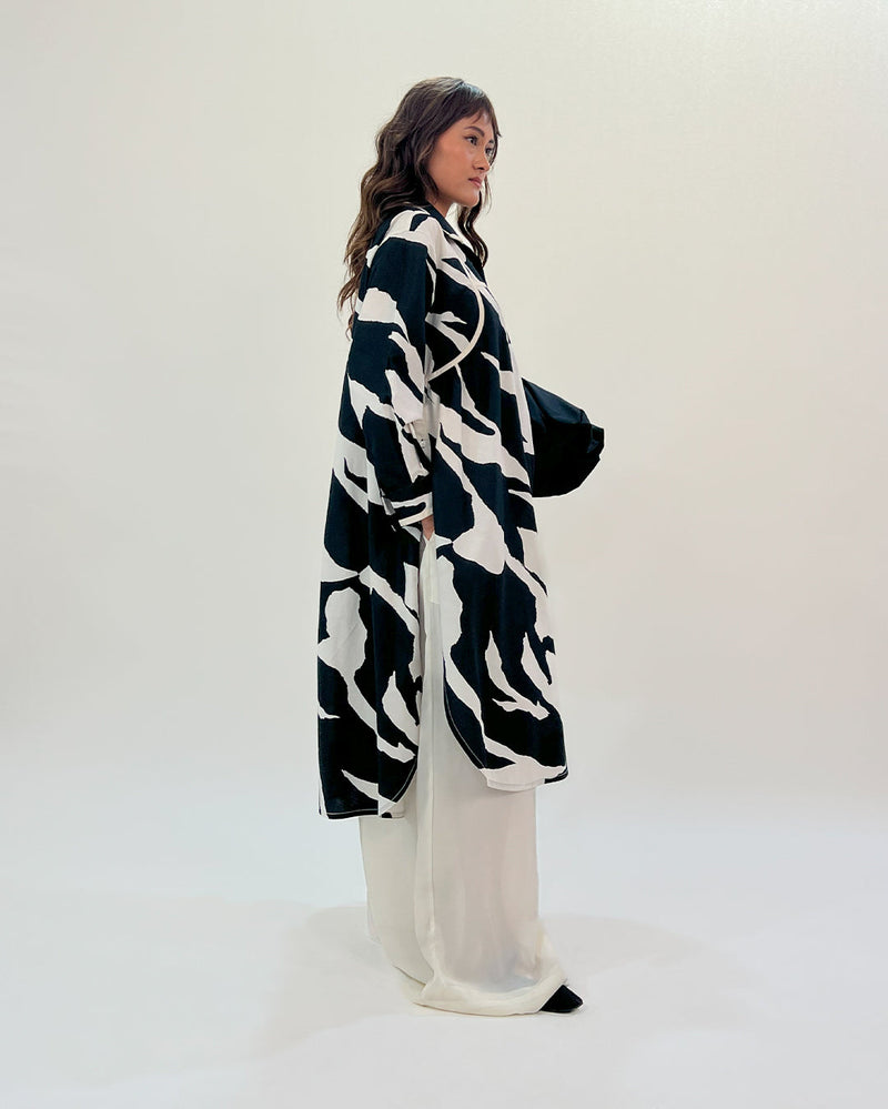 Line shirt dress-Black & White 100% cotton by Leh Studios in black color for women Worldwide
