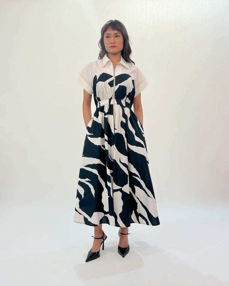 Stream cup zip dress 100% cotton by Leh Studios in black color for women Worldwide