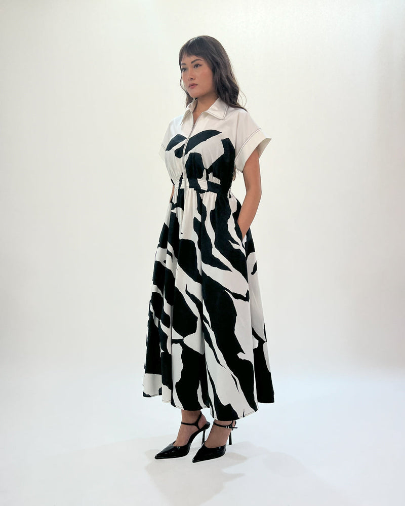 Stream cup zip dress 100% cotton by Leh Studios in black color for women Worldwide