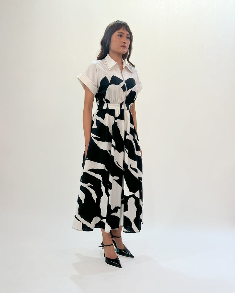 Stream cup zip dress 100% cotton by Leh Studios in black color for women Worldwide