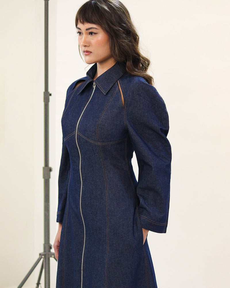 Denim Zip Dress 100% cotton by Leh Studios in blue color for women Worldwide