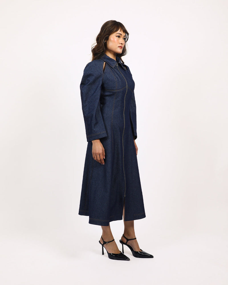 Denim Zip Dress 100% cotton by Leh Studios in blue color for women Worldwide