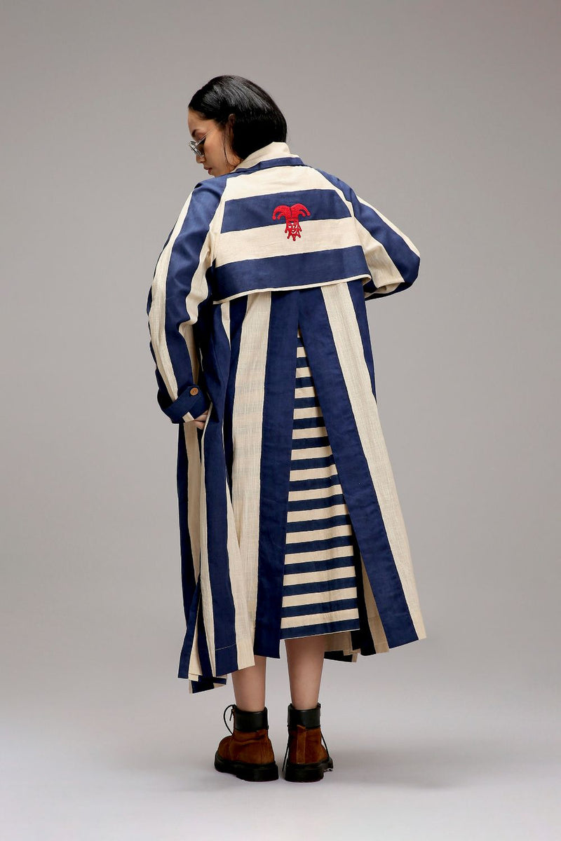 Egg-Shell Big Striped Trench Jacket cotton by Mati in white color for women Worldwide