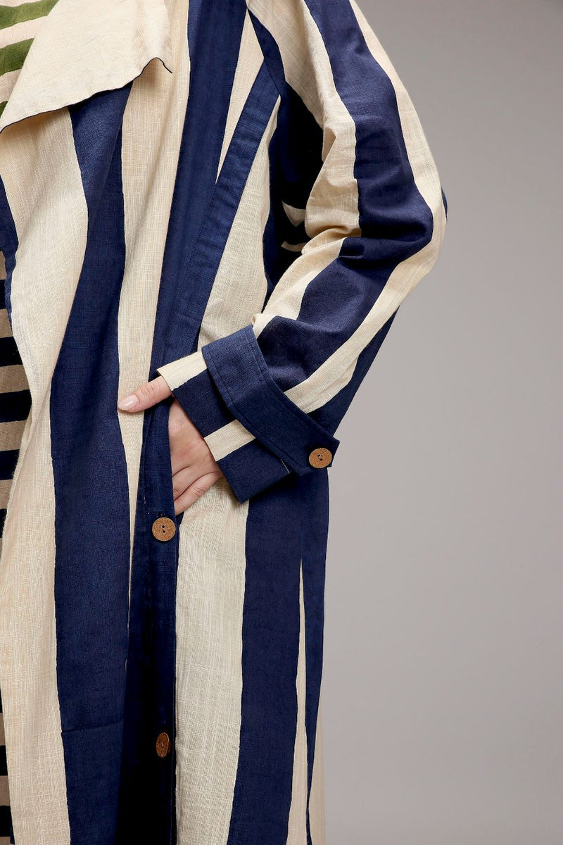Egg-Shell Big Striped Trench Jacket cotton by Mati in white color for women Worldwide