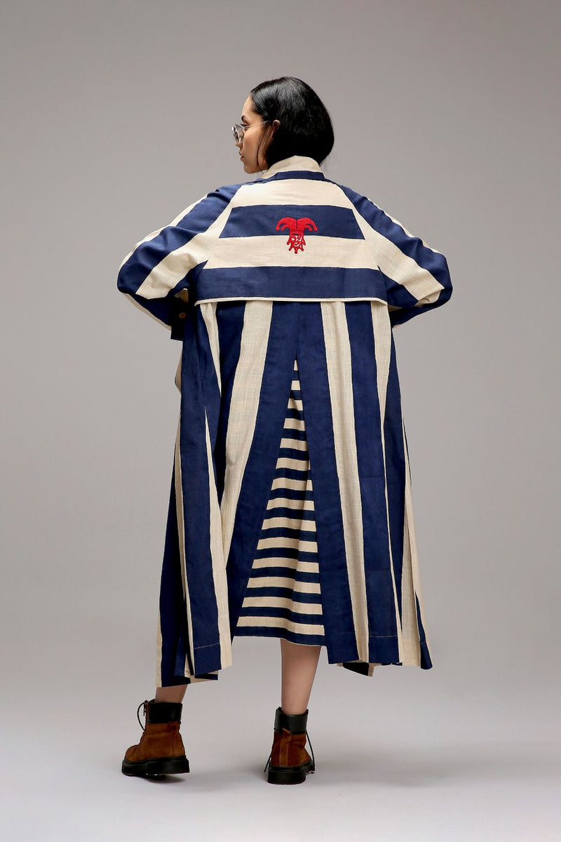 Egg-Shell Big Striped Trench Jacket cotton by Mati in white color for women Worldwide