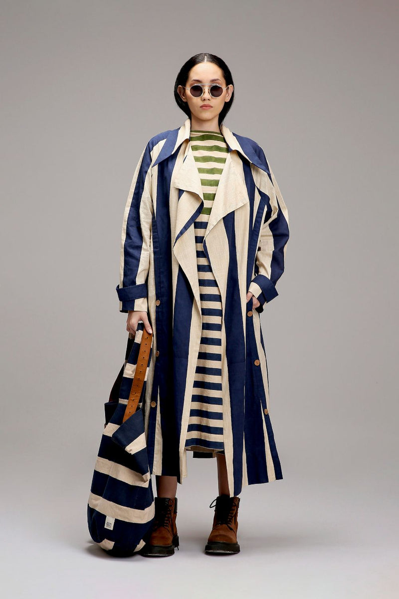 Egg-Shell Big Striped Trench Jacket cotton by Mati in white color for women Worldwide