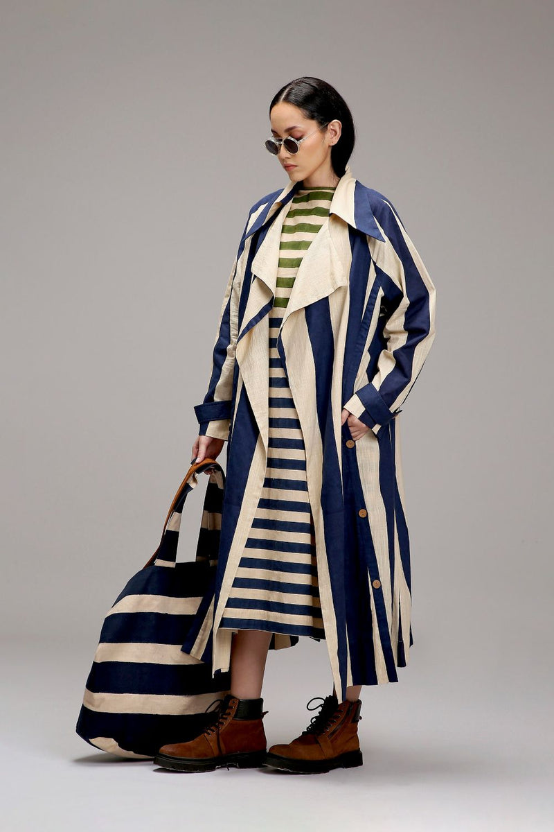 Egg-Shell Big Striped Trench Jacket cotton by Mati in white color for women Worldwide