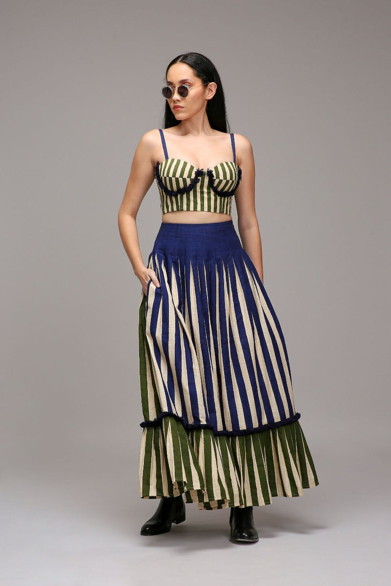 Egg-Shell Blue Green Dual Striped Skirt cotton by Mati in white color for women Worldwide