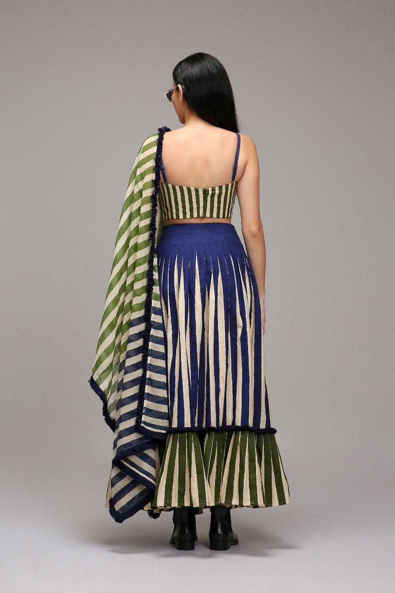 Egg-Shell Blue Green Dual Striped Skirt cotton by Mati in white color for women Worldwide