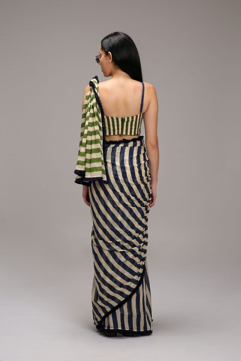 Egg-Shell Blue Green Dual Striped Saree cotton by Mati in white color for women Worldwide