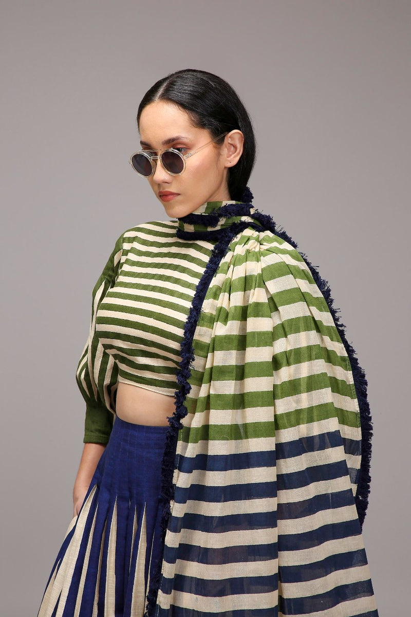 Egg-Shell Blue Green Striped Stole cotton by Mati in white color for women Worldwide