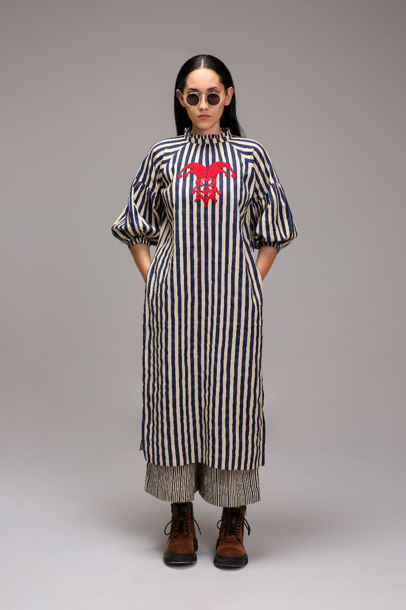 Egg-Shell Blue Striped Big Joker Tunic cotton by Mati in white color for women Worldwide